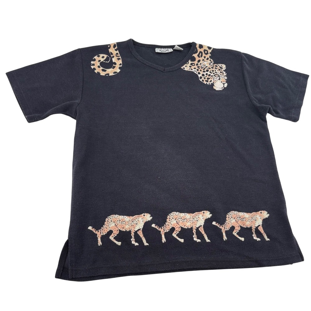 Keneth Too Petite vintage‎ Black Ribbed Leopard Cheetah Graphic Short Sleeve P/L